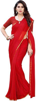 REBOOT FASHIONS Solid/Plain Bollywood Chiffon Saree(Red)