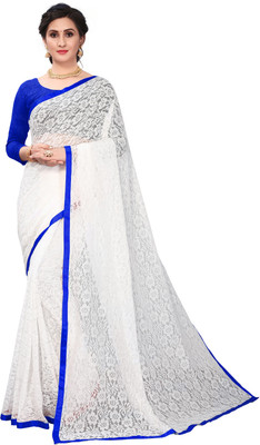 Indy Bliss Self Design Bollywood Net Saree(White)