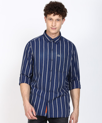SINGLE by Ranbir Kapoor Men Striped Casual Blue Shirt