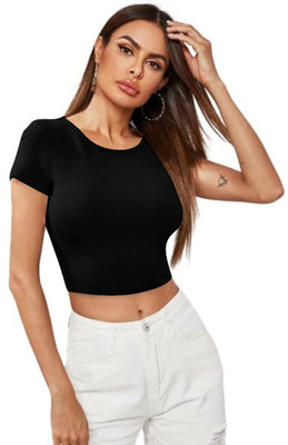 Maheshvi Casual Short Sleeve Solid Women Black Top