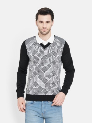 DUKE Geometric Print V Neck Casual Men Black, White Sweater