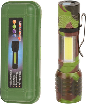 Care 4 ALUMINUM ALLOY BODYMILIRTY GREEN USB RECHARGEABLE FLASHLIGHT TORCH WITH ZOOM OPTION AND SIDE COB Torch(Multicolor, 10 cm, Rechargeable)