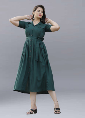 FANCIFY Women Shirt Dark Green Below Knee Dress