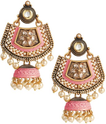 Oomph Pink Meenakari & Kundan Pearls Floral Large Ethnic Drop Jhumka Pearl, Mother of Pearl Metal Drops & Danglers