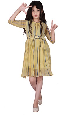 Robecult Girls Midi/Knee Length Casual Dress(Yellow, 3/4 Sleeve)