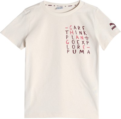 PUMA Boys & Girls Printed Cotton Blend T Shirt(Beige, Pack of 1)
