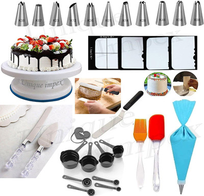 Unique Impex Easy Rotate Cake Turntable + 8 Pcs Black Measuring Cups and Spoon + Silicone Spatula and Brush Set + 4 Pcs Scraper set + 12 Piece Cake Decorating Set with Piping Bag + Angular Multi-Function Stainless Steel Cake Icing Spatula Knife Set + Stainless Steel Cake Knife and Server Set with Ac