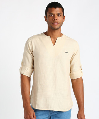 The Indian Garage Co. Men Self Design Straight Kurta(Beige)
