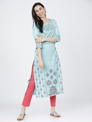 Vishudh Women Printed Straight Kurta(Blue)