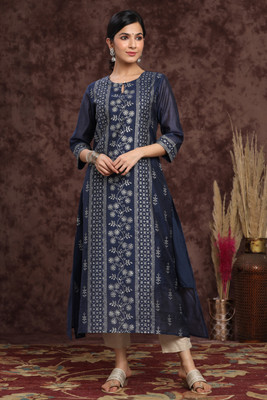Juniper Women Printed A-line Kurta(Blue)