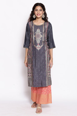 Aurelia Women Printed Straight Kurta(Grey)