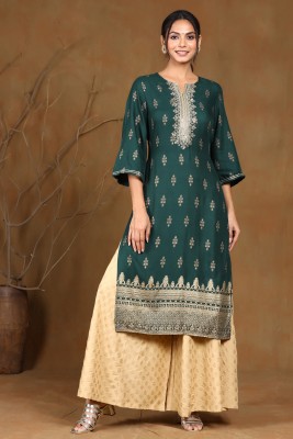 Juniper Women Printed Straight Kurta(Green)