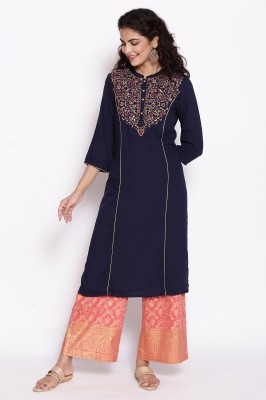 Aurelia Women Embroidered Straight Kurta(Blue)