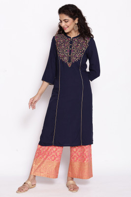 Aurelia Women Embroidered Straight Kurta(Blue)