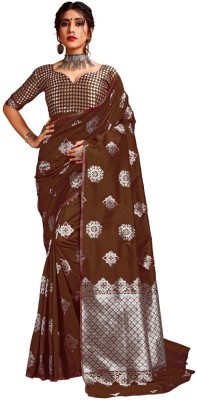 HOROLOGE CREATION Woven Banarasi Cotton Silk Saree(Brown)