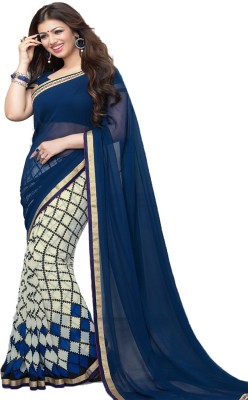 SM TRENDZ Checkered Bollywood Georgette, Art Silk Saree(Blue)