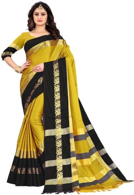VK UNIQ Self Design Banarasi Cotton Silk Saree(Yellow, Black)