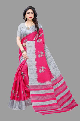 Priyashi Printed, Graphic Print Sambalpuri Art Silk Saree(Pink, Grey)