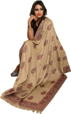 Rishabh Polyester Wool Blend Self Design Women Shawl(Beige)