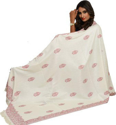 Rishabh Polyester Wool Blend Woven Women Shawl(White)