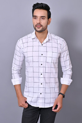 PROTOZONE Men Checkered Casual White Shirt