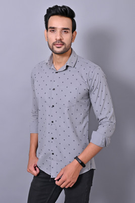 PROTOZONE Men Polka Print Casual Grey Shirt