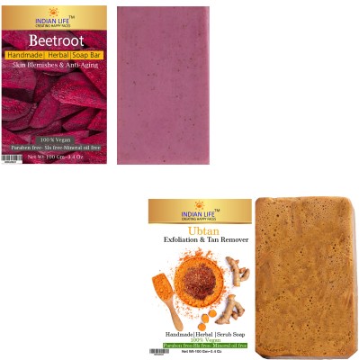indianlife Beetroot and Ubtan handmade organic soap with active ingredients Rice- Sanda-Red lentils-Licorice-Wild turmeric |Paraben Free| SLS Free| Mineral Oil Free|100Gm each (Pack of 2)(2 x 100 g)