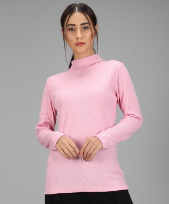 Christy World Striped High Neck Casual Women Pink Sweater