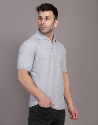 INKKR Solid Men Polo Neck Grey T-Shirt