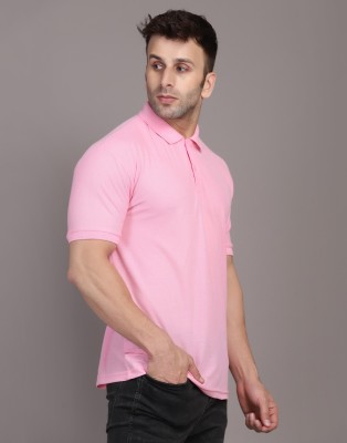 INKKR Solid Men Polo Neck Pink T-Shirt