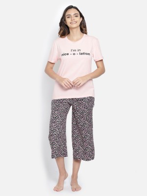 Clovia Printed Women Round Neck Pink T-Shirt