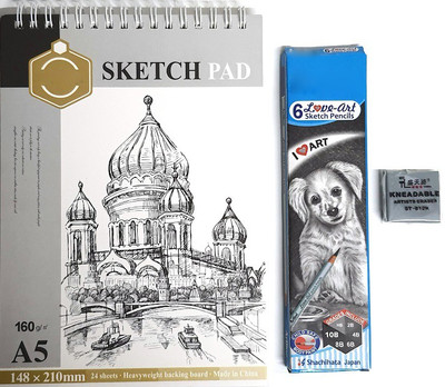 SKYGOLD KEEPSMILING A5 SIZE 160GSM PREMIUM QUALITY ACID FREE A5 SIZE SPIRAL BINDING SKETCH BOOK WITH 6PCS GRAPHITE SKETCHING DRAWING PENCIL SET & 1PC OF KNEADABLE ERASER COMBO SKETCHING KIT FOR PROFESSIONAL ARTISTS SKYGOLD KEEPSMILING A5 SIZE 160GSM PREMIUM QUALITY ACID FREE A5 SIZE SPIRAL BINDING SKETCH BOOK WITH 6PCS GRAPHITE SKETCHING DRAWING PENCIL SET & 1PC OF KNEADABLE ERASER COMBO SKETCHING KIT FOR PROFESSIONAL ARTISTS