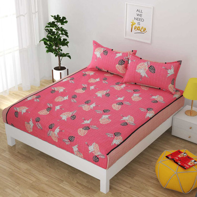 TIB 220 TC Cotton Double Geometric Fitted (Elastic) Bedsheet(Pack of 1, Pink)