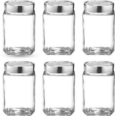 Optiq Glass Pickle Jar  - 1000 ml(Pack of 6, Silver)