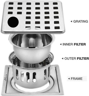 KYOTO Floor Stainless Steel Push Down Strainer(14 cm Set of 1)