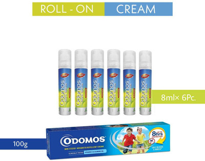 Odomos Mosquito Repellent Cream (100g) With Fabric Roll On (6 Pc.)(6 x 8 ml)