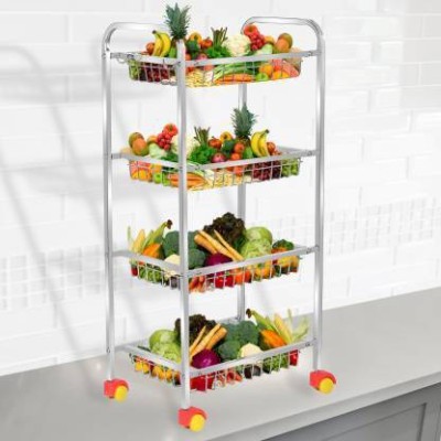 FORTUNE BLU Stainless Steel 4 Layer Fruit Vegetable Trolley Trolly Steel Kitchen Trolley (Multipurpose kitchen Trolley) Stainless Steel Kitchen Basket Shelf with Wheel [DIY (Do-It-Yourself)] Stainless Steel Kitchen Trolley(DIY(Do-It-Yourself))