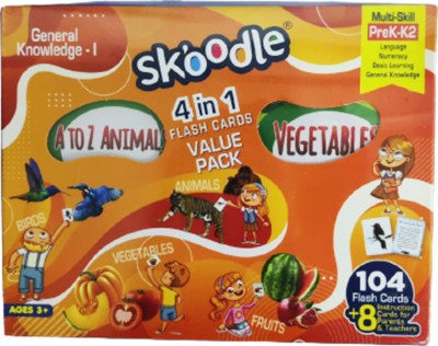 SKOODLE 104 Reusable And Rounded Flash Cards Value Pack 4 in 1 for kids Age 2 3 4 Years Old (Vegetables, Fruits, Birds & Animals) (Preschool Educational And Learning Kit) (Pack of 1)(Multicolor)