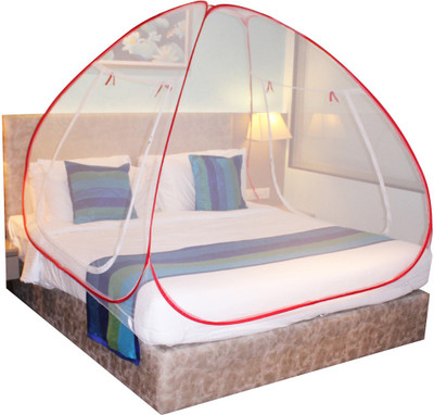 SILVER SHINE Polyester Adults Washable Polyester King Size Mosquito Net Foldable Double Bed Net Mosquito Net Mosquito Net(Red & White, Bed Box)