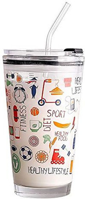 conceptss artoon Print Milk Glass Cup Without Handle for Kids with Spill Proof Lid and Straw, Coffee Cup Glass with Heat Resistance, 400 ml (Random Cartoon Print) Glass Tumbler(400 ml)