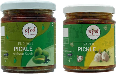 pind COMBO PICKLE 2 IN 1, HOMEMADE PUNJABI MANGO PICKLE(WITHOUT SEEDS), GARLIC PICKLE, PINDDA ACHAAR, 200GM EACH Mixed Pickle(2 x 200 g)