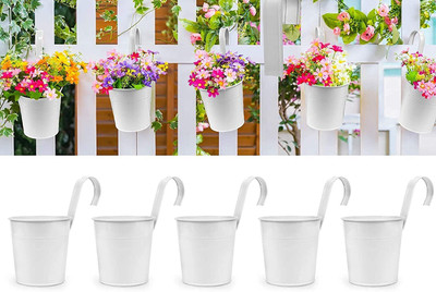 EzzuCrafts 5 Rail Planter, Balcony Planters Railing Hanging Flower Pots with Detachable Hook, Iron Fence Bucket Outdoor Flower Pot for Patio Fence Deck Balcony Garden Color White Plant Container Set(Pack of 5, Plastic)