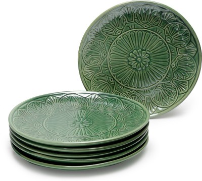 Shilpkara Embossed Emerald' Hand Painted Studio Pottery Ceramic Plates for Dinner ( Set of 6 Green) - Ceramic Plates for Dinner Plates Set for Dinner Ceramic Dinner Plates Set Dinner Plate(Pack of 6, Microwave Safe)