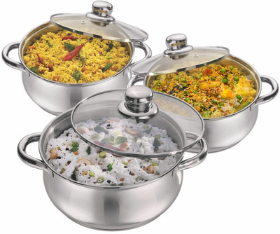 HM EVOTEK Casserole Roti Server with Glass Lid Set / Insulated Curry Server Deep Round Pack of 3 Cook and Serve Casserole Set(2000 ml, 1500 ml, 1000 ml)