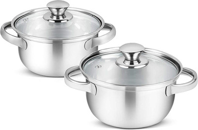 RBGIIT Cook & Serve Handi Glass Lid with Handle / Stainless Steel Omega Dish Handi / Tri Ply Induction Bottom Cookware Set Bowl Serving Set(Pack of 2)