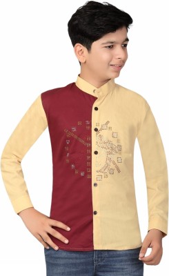 FOREVER YOUNG Boys Printed Festive Maroon, Beige Shirt