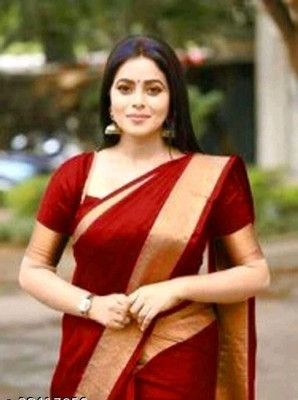 JK ETHNIC WEAR Striped, Solid/Plain Bollywood Cotton Silk Saree(Red)
