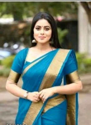 JK ETHNIC WEAR Striped, Solid/Plain Bollywood Cotton Silk Saree(Light Blue)