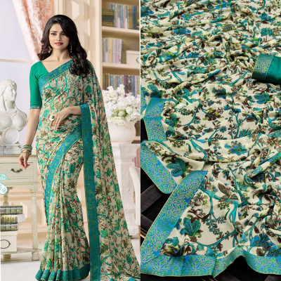 peer store Printed Bollywood Georgette, Chiffon Saree(White, Green)