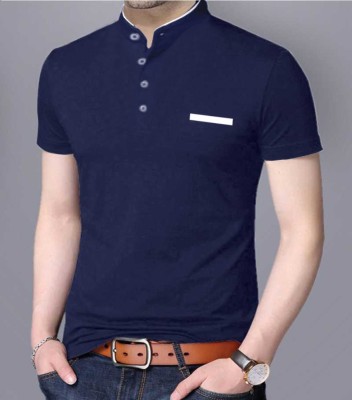 FastColors Color Block Men Mandarin Collar Blue T-Shirt